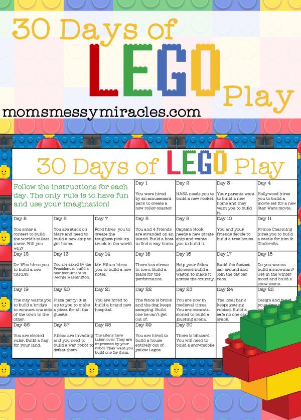 30 Days of LEGO Play is a free calendar you can print with 30 days of fun LEGO challenges! 