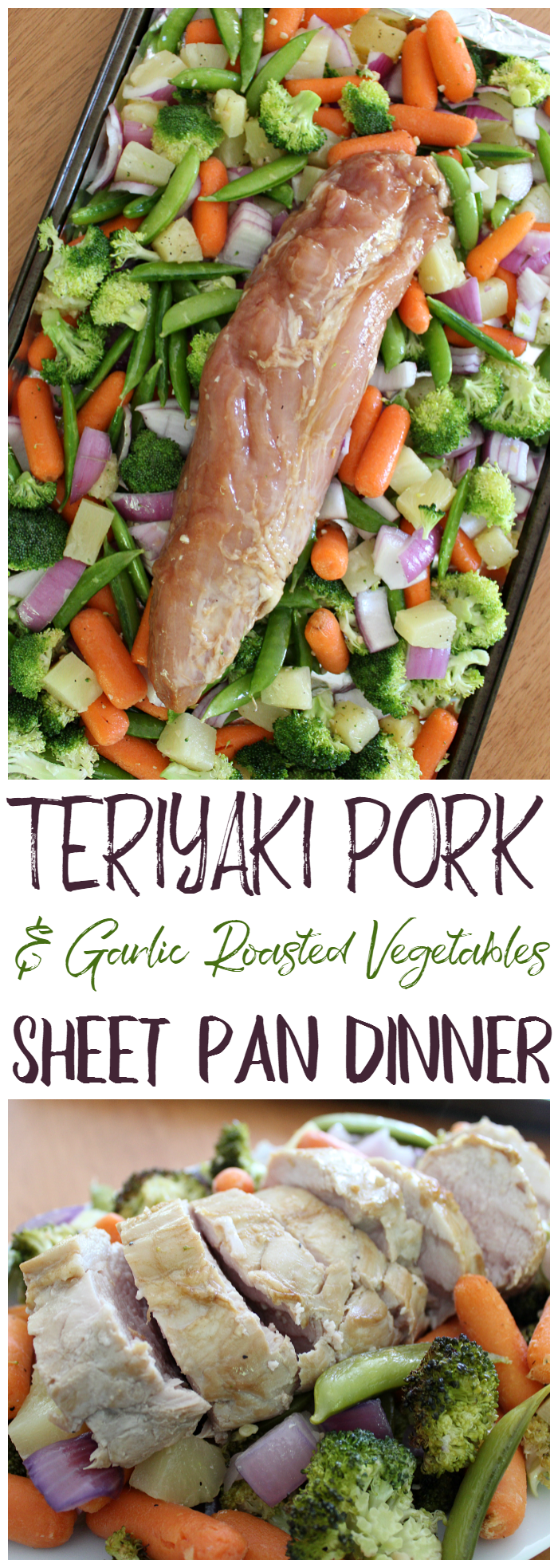 This Sheet Pan dinner comes together quickly with marinated teriyaki pork and garlic roasted vegetables.