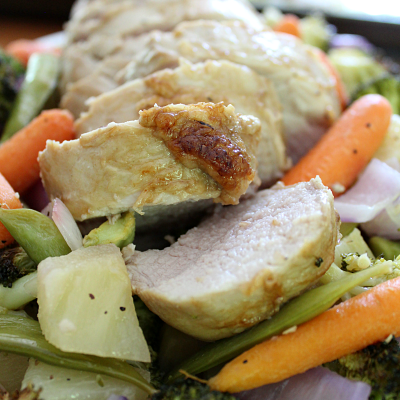 Teriyaki Pork and Garlic Roasted Vegetables Sheet Pan Dinner